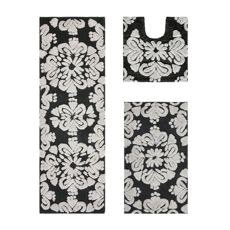 Better Trends 3 Piece Bathroom Rug Set 100% Cotton Extra Soft Tufted Bath Rug Water Absorbent Non-Slip Bath Mat Machine Washable (Charcol) Medallion Collection