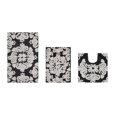 Better Trends 3 Piece Bathroom Rug Set 100% Cotton Extra Soft Tufted Bath Rug Water Absorbent Non-Slip Bath Mat Machine Washable (Charcol) Medallion Collection