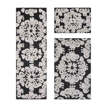 Better Trends 3 Piece Bathroom Rug Set 100% Cotton Extra Soft Tufted Bath Rug Water Absorbent Non-Slip Bath Mat Machine Washable (Charcol) Medallion Collection