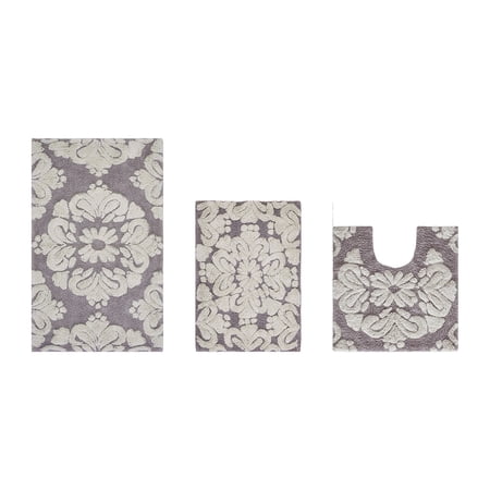 Better Trends 3 Piece Bathroom Rug Set 100% Cotton Extra Soft Tufted Bath Rug Water Absorbent Non-Slip Bath Mat Machine Washable (Gray) Medallion Collection