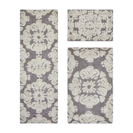 Better Trends 3 Piece Bathroom Rug Set 100% Cotton Extra Soft Tufted Bath Rug Water Absorbent Non-Slip Bath Mat Machine Washable (Gray) Medallion Collection