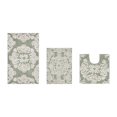 Better Trends 3 Piece Bathroom Rug Set 100% Cotton Extra Soft Tufted Bath Rug Water Absorbent Non-Slip Bath Mat Machine Washable (Sage) Medallion Collection
