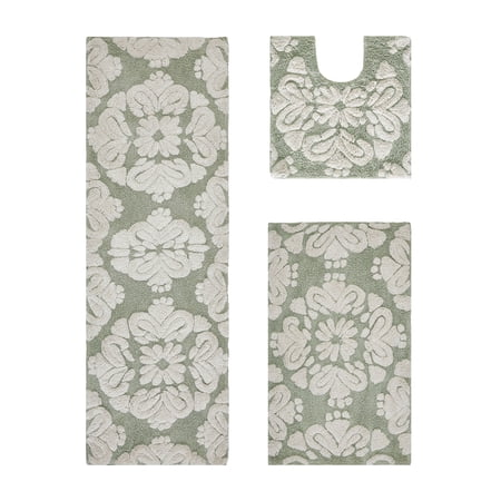 Better Trends 3 Piece Bathroom Rug Set 100% Cotton Extra Soft Tufted Bath Rug Water Absorbent Non-Slip Bath Mat Machine Washable (Sage) Medallion Collection