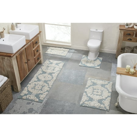 Better Trends 4 Piece Bathroom Rug Set 100% Cotton Extra Soft Tufted Bath Rug Water Absorbent Non-Slip Bath Mat Machine Washable (Blue) Medallion Collection