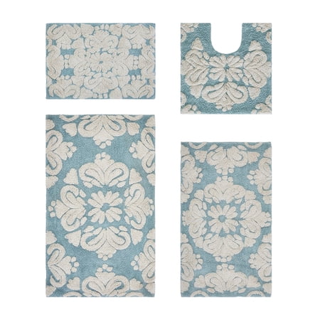Better Trends 4 Piece Bathroom Rug Set 100% Cotton Extra Soft Tufted Bath Rug Water Absorbent Non-Slip Bath Mat Machine Washable (Blue) Medallion Collection