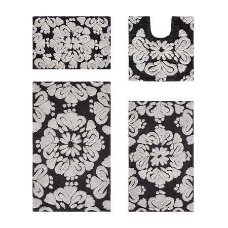 Better Trends 4 Piece Bathroom Rug Set 100% Cotton Extra Soft Tufted Bath Rug Water Absorbent Non-Slip Bath Mat Machine Washable (Charcol) Medallion Collection