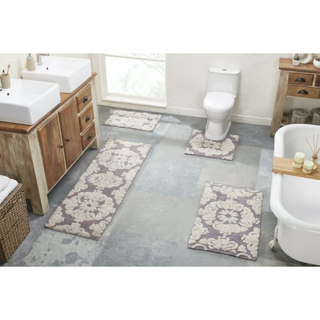 Better Trends 4 Piece Bathroom Rug Set 100% Cotton Extra Soft Tufted Bath Rug Water Absorbent Non-Slip Bath Mat Machine Washable (Gray) Medallion Collection