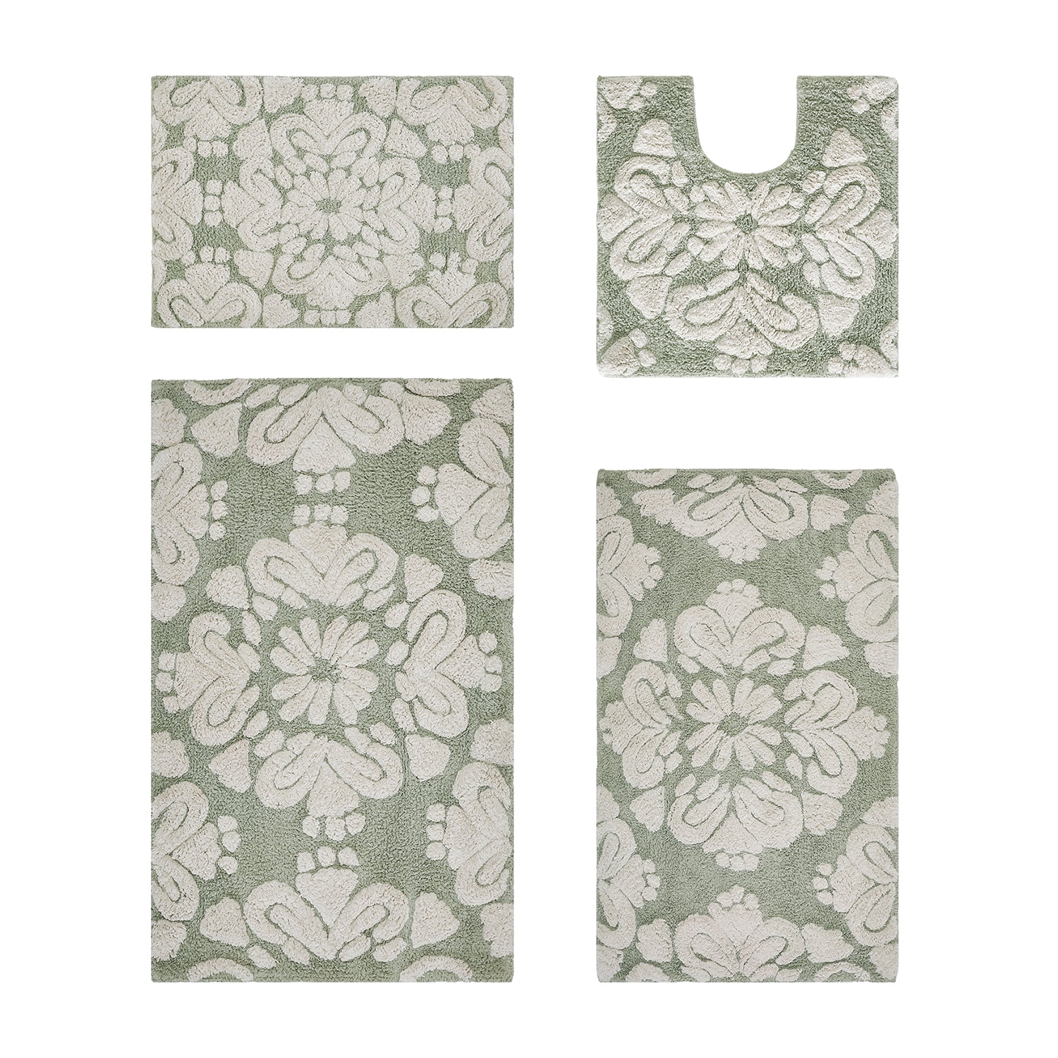 Better Trends 4 Piece Bathroom Rug Set 100% Cotton Extra Soft Tufted Bath Rug Water Absorbent Non-Slip Bath Mat Machine Washable (Sage) Medallion Collection
