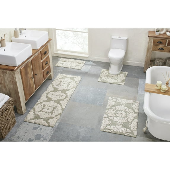 Better Trends 4 Piece Bathroom Rug Set 100% Cotton Extra Soft Tufted Bath Rug Water Absorbent Non-Slip Bath Mat Machine Washable (Sage) Medallion Collection