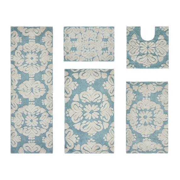 Better Trends 5 Piece Bathroom Rug Set 100% Cotton Extra Soft Tufted Bath Rug Water Absorbent Non-Slip Bath Mat Machine Washable (Blue) Medallion Collection