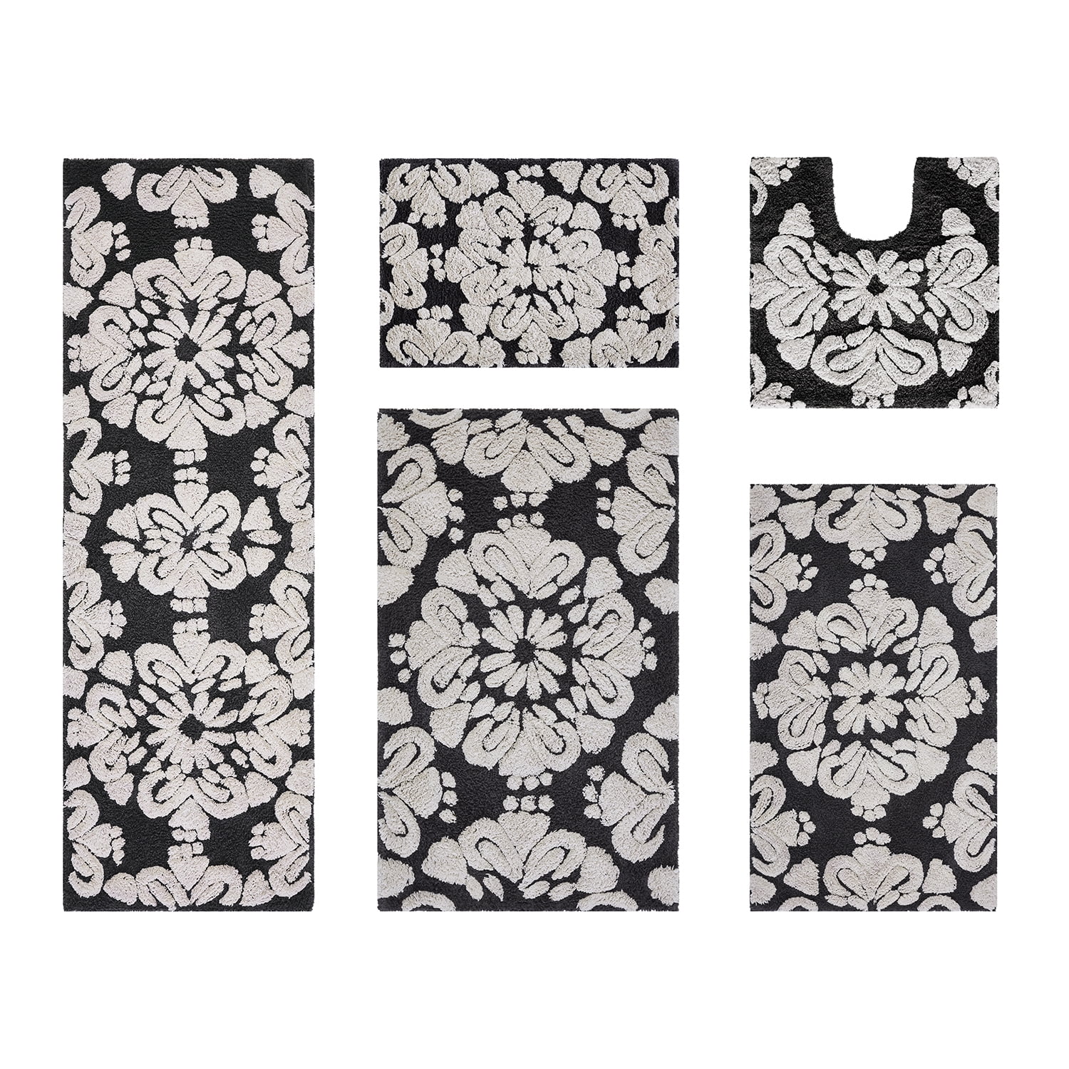 Better Trends 5 Piece Bathroom Rug Set 100% Cotton Extra Soft Tufted Bath Rug Water Absorbent Non-Slip Bath Mat Machine Washable (Charcol) Medallion Collection