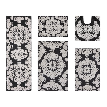 Better Trends 5 Piece Bathroom Rug Set 100% Cotton Extra Soft Tufted Bath Rug Water Absorbent Non-Slip Bath Mat Machine Washable (Charcol) Medallion Collection