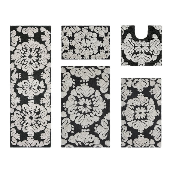 Better Trends 5 Piece Bathroom Rug Set 100% Cotton Extra Soft Tufted Bath Rug Water Absorbent Non-Slip Bath Mat Machine Washable (Charcol) Medallion Collection