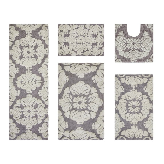 Better Trends 5 Piece Bathroom Rug Set 100% Cotton Extra Soft Tufted Bath Rug Water Absorbent Non-Slip Bath Mat Machine Washable (Gray) Medallion Collection