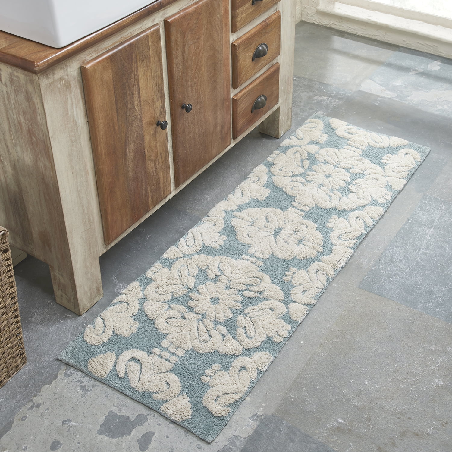 Better Trends Medallion Collection 100 Cotton 20" x 60" Runner Bath Rug in Blue & Natural