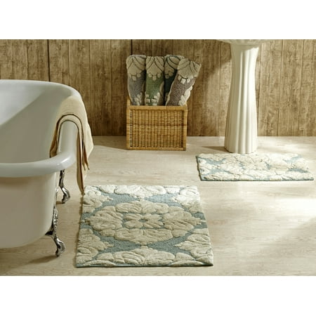 Better Trends Medallion Tufted Bath Mat Rug, 100% Cotton, 2 Piece Set, Blue/Natural