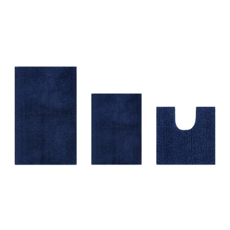 Better Trends 3 Piece Bathroom Rug Set 100% Polyester Bath Rug, Water Absorbent Non-Slip Bath Mat Machine Washable Micro Plush Collection - Navy