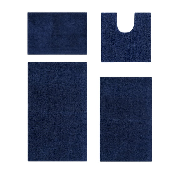 Better Trends 4 Piece Bathroom Rug Set 100% Polyester Bath Rug, Water Absorbent Non-Slip Bath Mat Machine Washable Micro Plush Collection - Navy