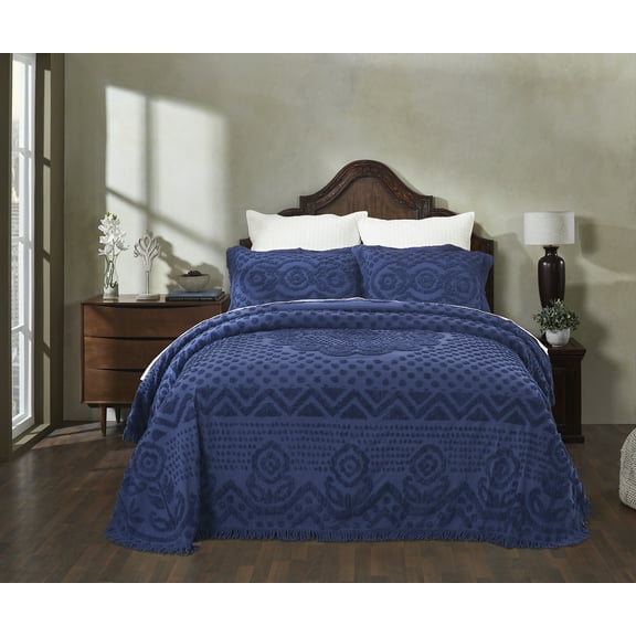Better Trends 3 Piece Chenille Bedspread Set for King Bedspread 100% Cotton Medallion Design Lightweight Bedspread for all Season Heirloom Collection (Navy)