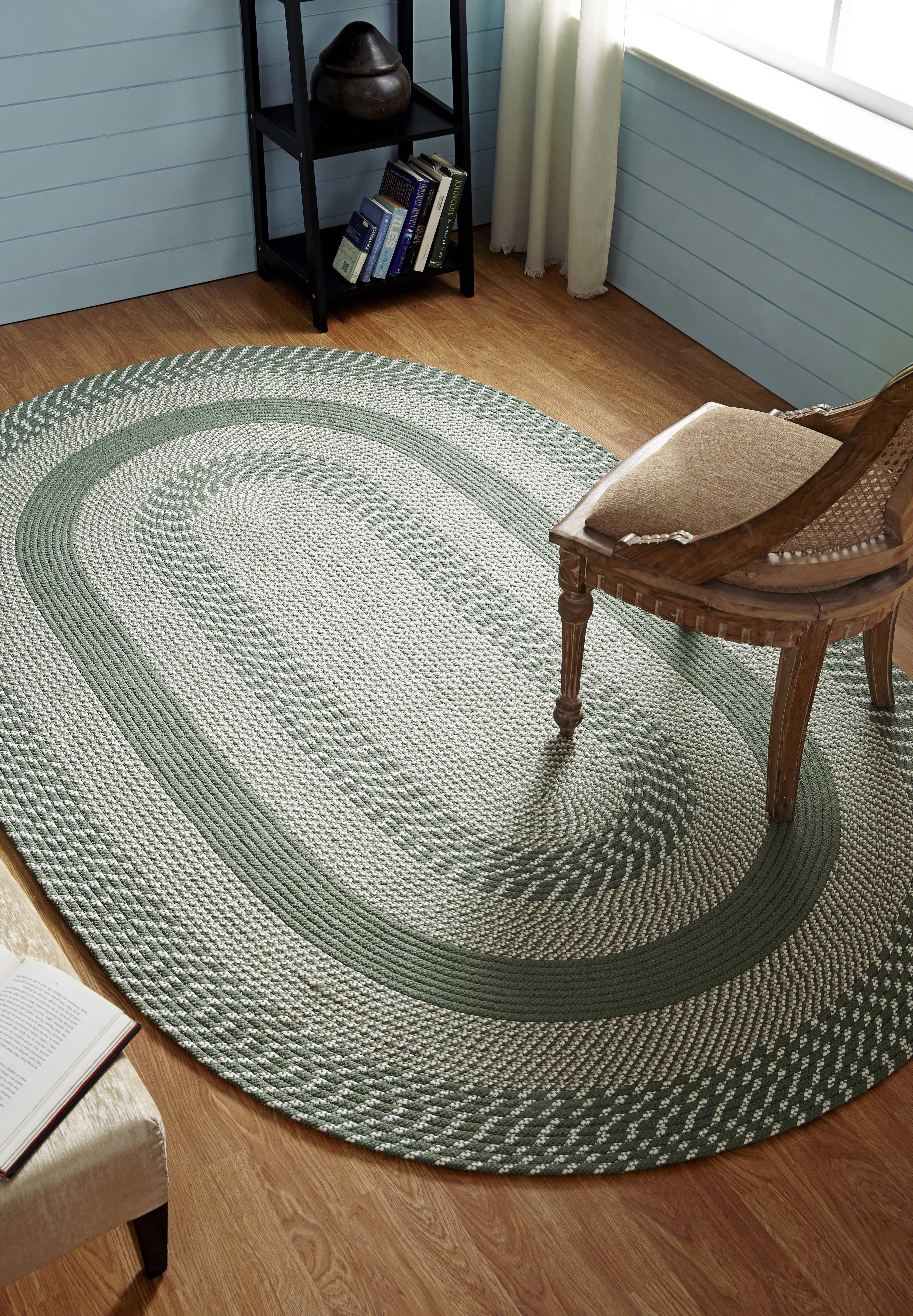 Sage and White Oval Braided Polypropylene Area Rug
