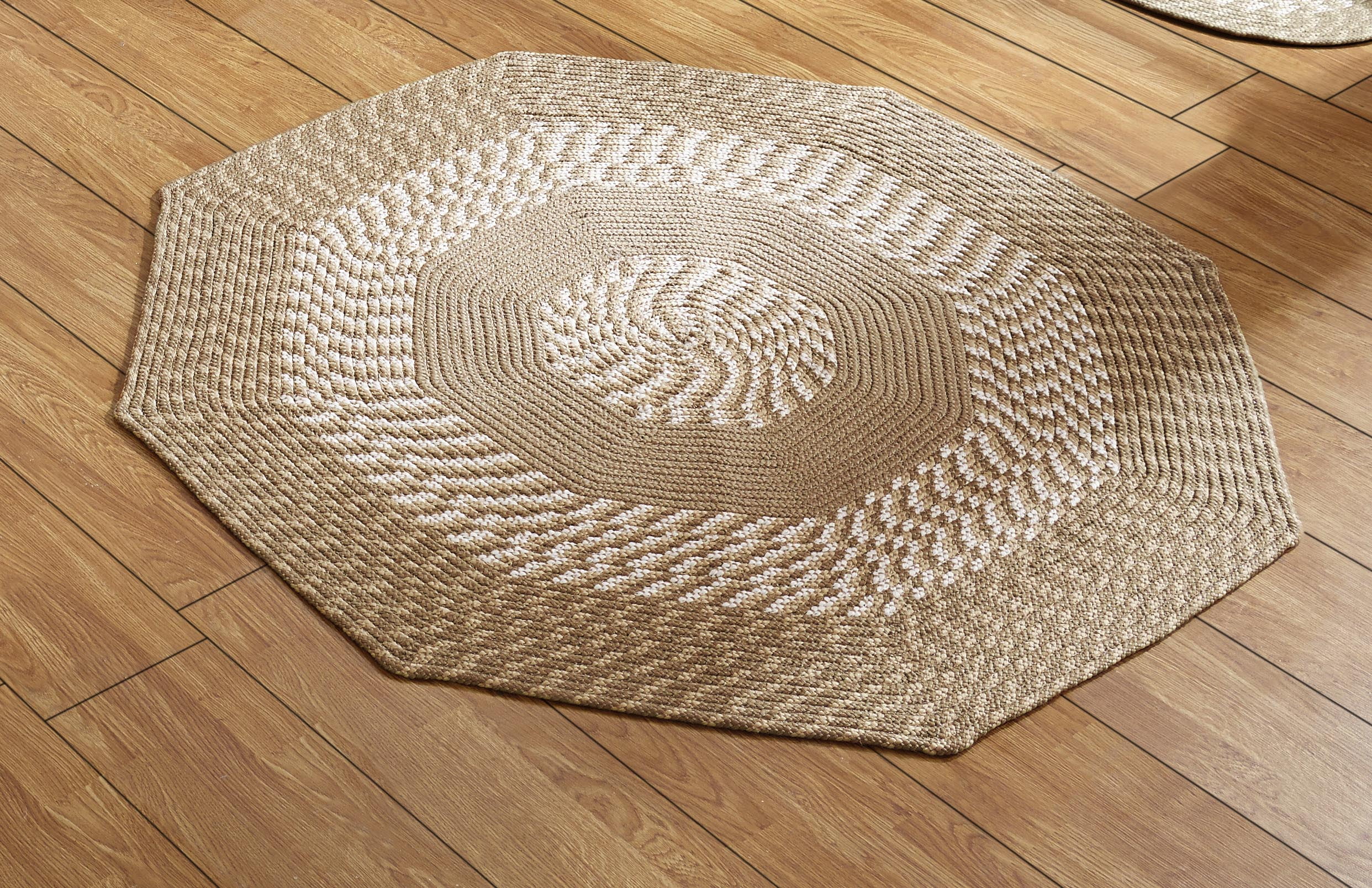 Tan and Beige Round Braided Synthetic Reversible Rug, 48"