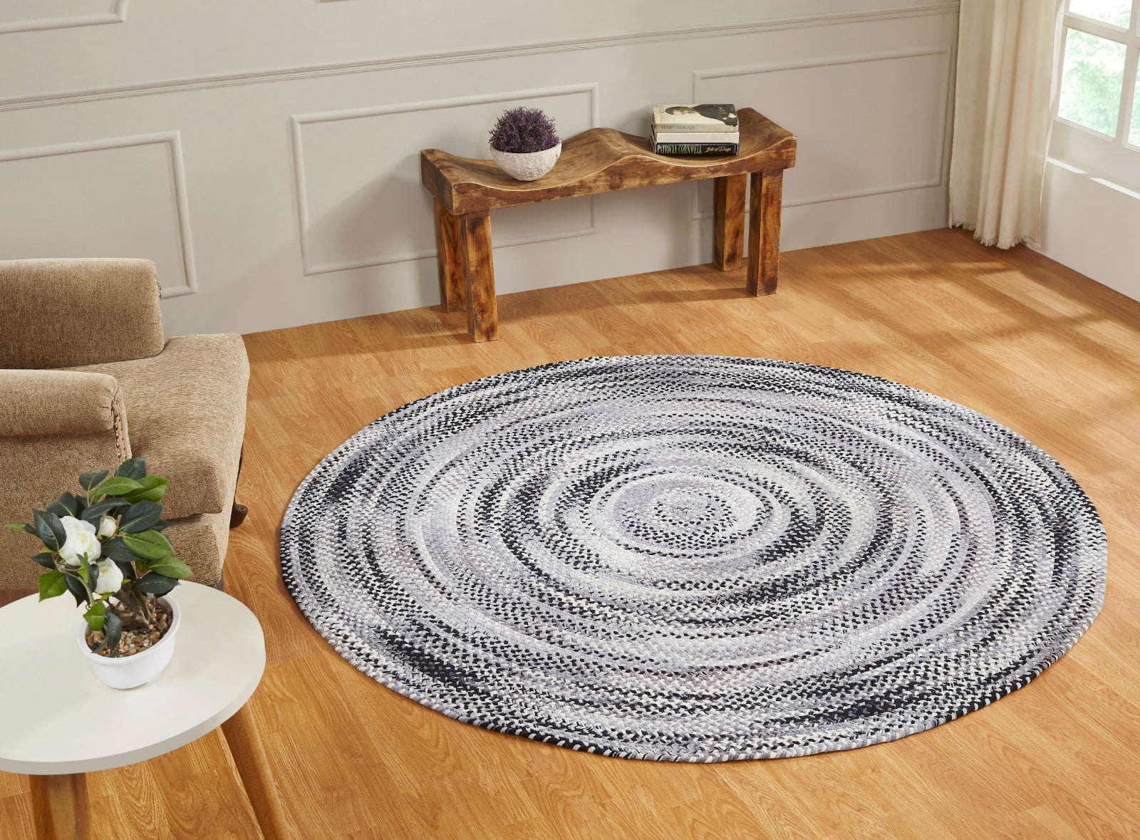Olive Stripe Chenille 72" Round Braided Reversible Rug
