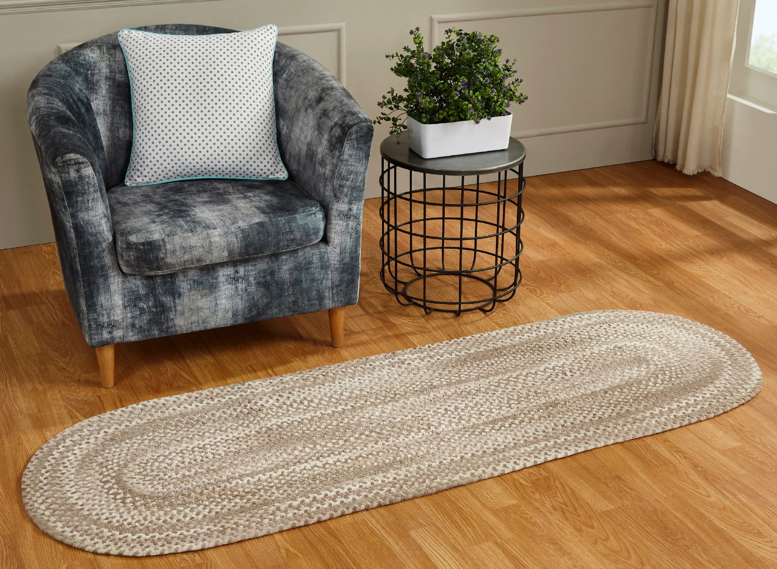 Beige Cotton Chenille Braided Reversible Runner Rug