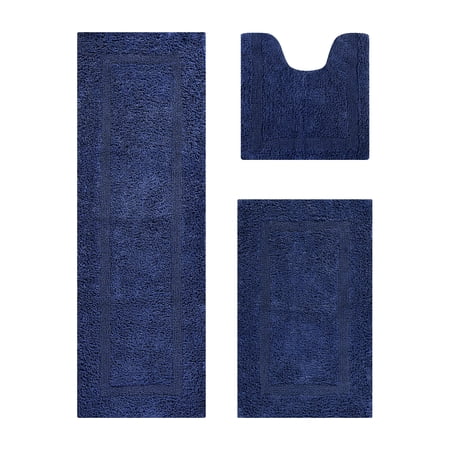Better Trends Premium 3 Piece Bathroom Rug Set 100% Cotton, Extra Soft Tufted Bath Mat, Water Absorbent & Reversible Mat, Navy Lux Collection