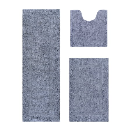 Better Trends Premium 3 Piece Bathroom Rug Set 100% Cotton, Extra Soft Tufted Bath Mat, Water Absorbent & Reversible Mat, Silver Lux Collection
