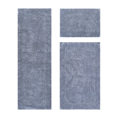 Better Trends Premium 3 Piece Bathroom Rug Set 100% Cotton, Extra Soft Tufted Bath Mat, Water Absorbent & Reversible Mat, Silver Lux Collection