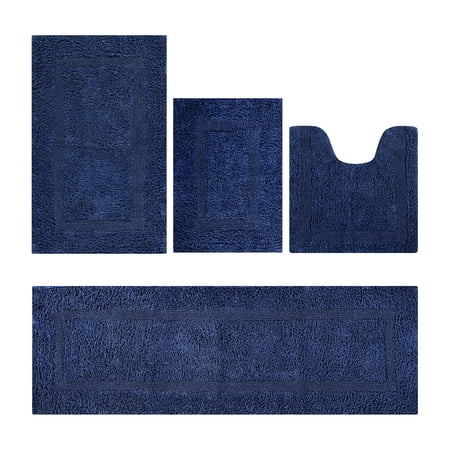 Better Trends Premium 4 Piece Bathroom Rug Set 100% Cotton, Extra Soft Tufted Bath Mat, Water Absorbent & Reversible Mat, Navy Lux Collection