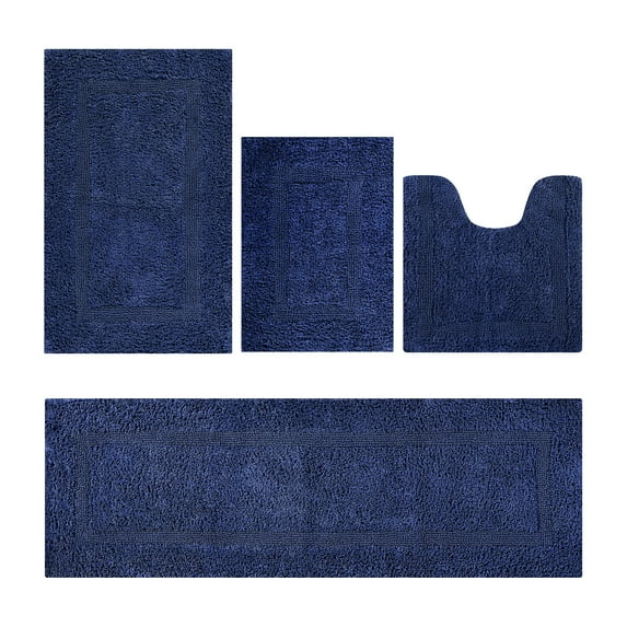 Better Trends Premium 4 Piece Bathroom Rug Set 100% Cotton, Extra Soft Tufted Bath Mat, Water Absorbent & Reversible Mat, Navy Lux Collection