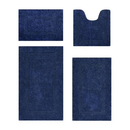 Better Trends Premium 4 Piece Bathroom Rug Set 100% Cotton, Extra Soft Tufted Bath Mat, Water Absorbent & Reversible Mat, Navy Lux Collection