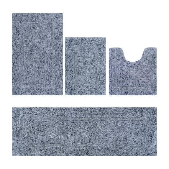 Better Trends Premium 4 Piece Bathroom Rug Set 100% Cotton, Extra Soft Tufted Bath Mat, Water Absorbent & Reversible Mat, Silver Lux Collection