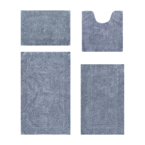 Better Trends Premium 4 Piece Bathroom Rug Set 100% Cotton, Extra Soft Tufted Bath Mat, Water Absorbent & Reversible Mat, Silver Lux Collection