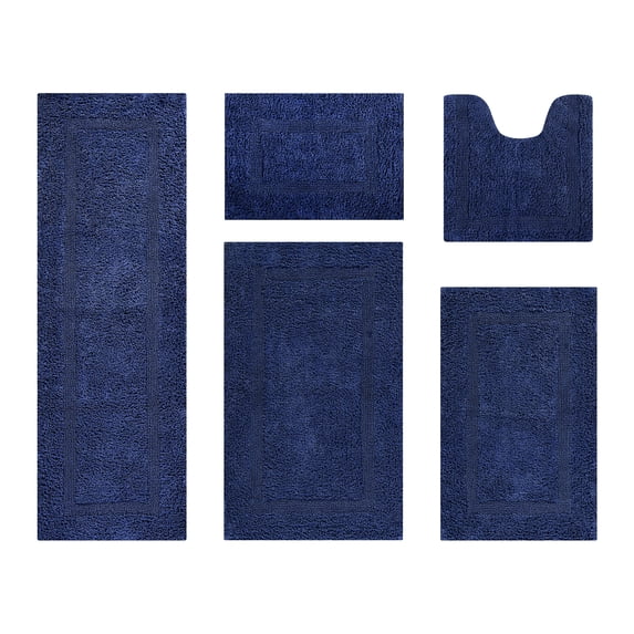 Better Trends Premium 5 Piece Bathroom Rug Set 100% Cotton, Extra Soft Tufted Bath Mat, Water Absorbent & Reversible Mat, Navy Lux Collection