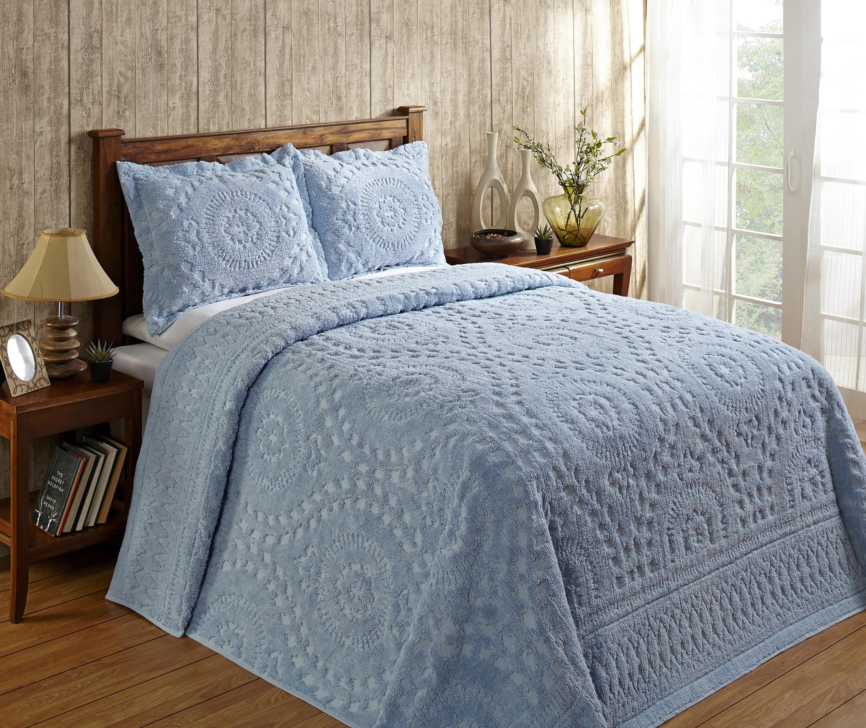 Blue Queen Cotton Chenille Tufted Bedspread Set