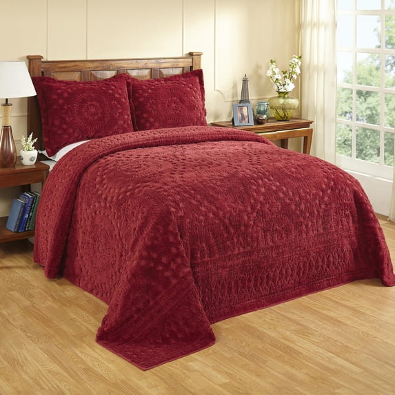 Better Trends 3 Piece Queen Bedspread Set 100% Cotton Chenille Tufted Medallion Pattern Soft & Luxurious Feel, Perfect for Gifting and All Seasons, Machine Washable (Burgundy) Rio Collection