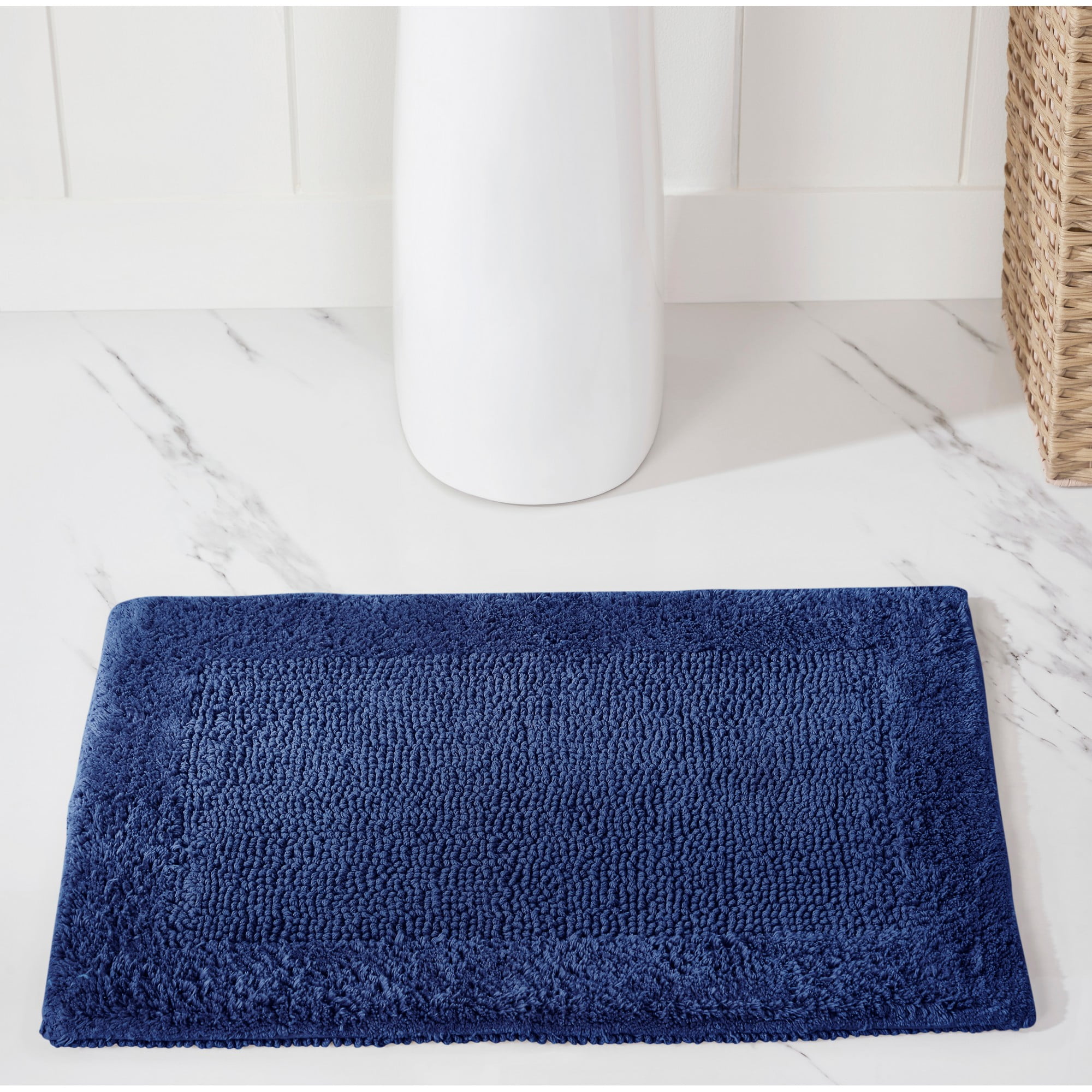 Better Trends 17" x 24" Premium Bathroom Rugs 100% Cotton Soft Reversible Tufted Bath Mat Water Absorbent Bath Rug Ideal for Bathroom Shower and Tub Use (Navy) Edge Collection