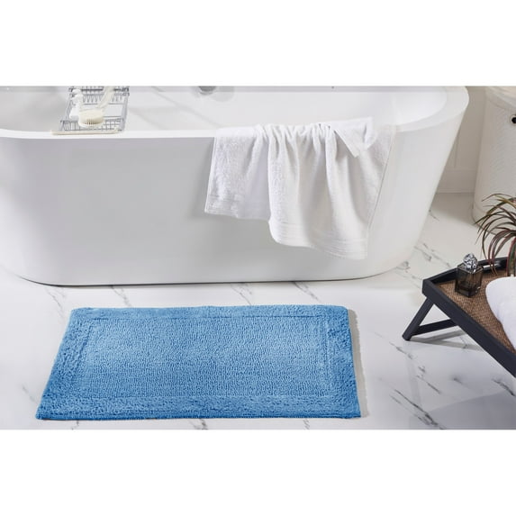 Better Trends 21" x 34" Premium Bathroom Rugs 100% Cotton Soft Reversible Tufted Bath Mat Water Absorbent Bath Rug Ideal for Bathroom Shower and Tub Use (Dark Blue) Edge Collection