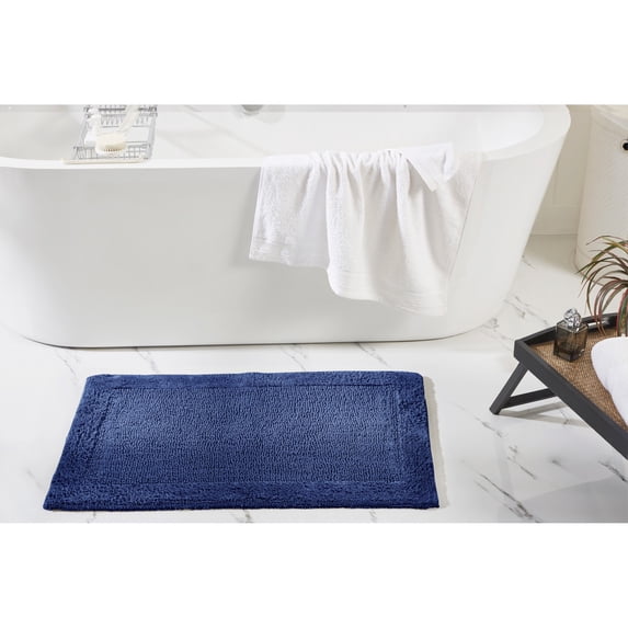 Better Trends 21" x 34" Premium Bathroom Rugs 100% Cotton Soft Reversible Tufted Bath Mat Water Absorbent Bath Rug Ideal for Bathroom Shower and Tub Use (Navy) Edge Collection