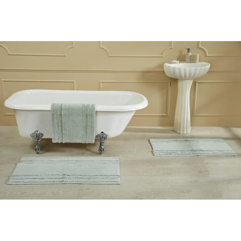 Home Decorators Collection 20 in. x 34 in. White and Aqua Green Border Stripe Cotton Machine Washable Bath Mat, White/Aqua