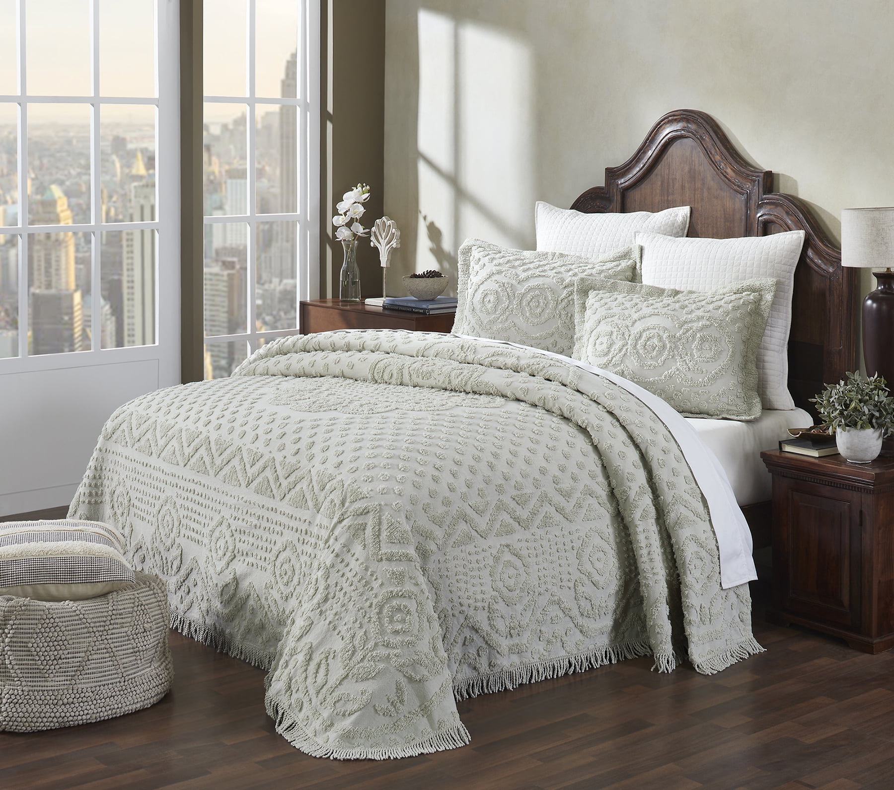 Better Trends 3 Piece Chenille Bedspread Set for King Bedspread 100% Cotton Medallion Design Lightweight Bedspread for all Season Heirloom Collection (Sage)
