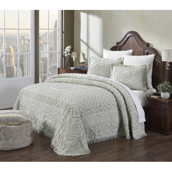 Better Trends 2 Piece Chenille Bedspread Set for Twin Bedspread 100% Cotton Medallion Design Lightweight Bedspread for all Season Heirloom Collection (Sage)