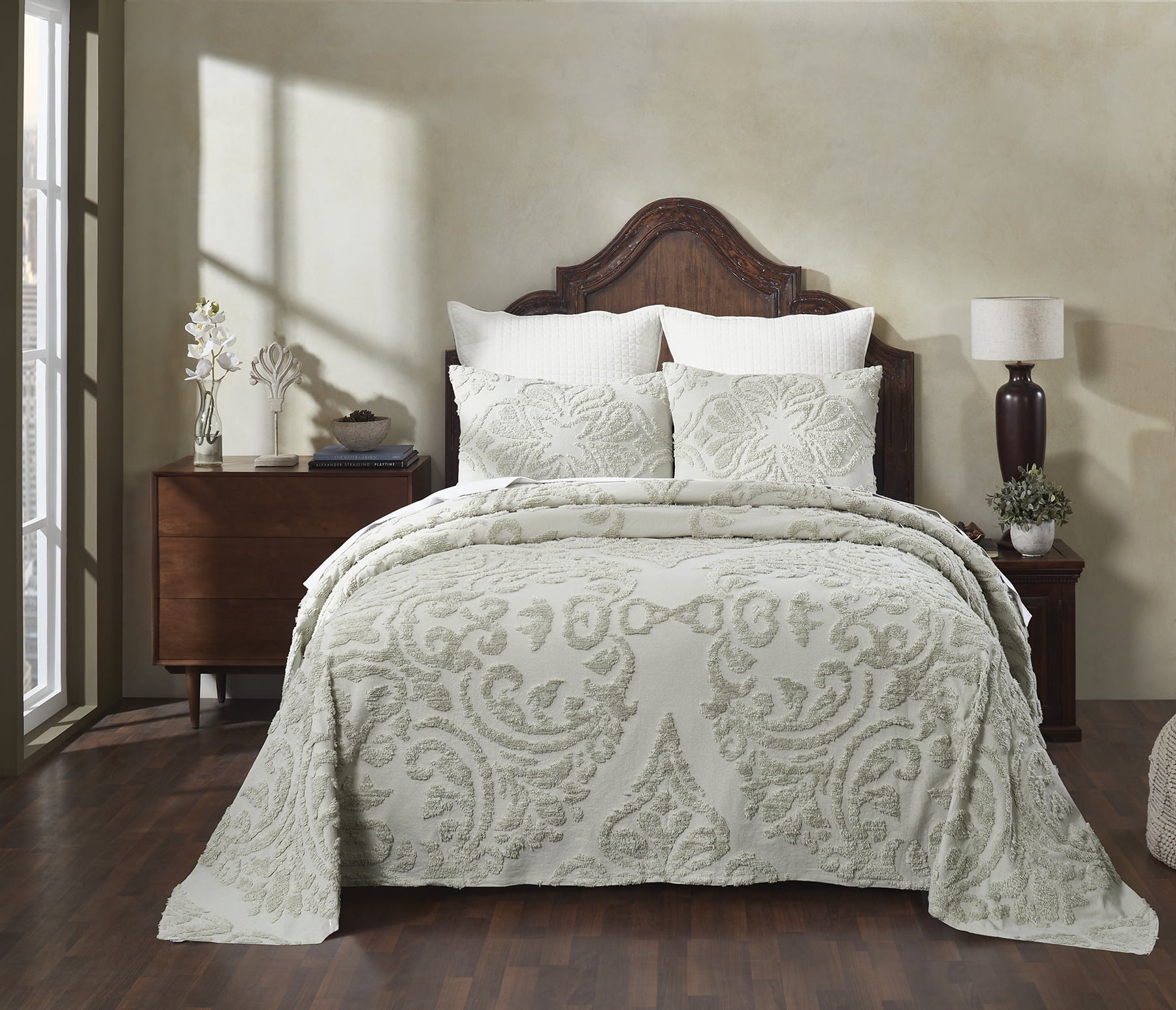 Better Trends 3 Piece Full/Double Bedspread Set 100% Cotton Tufted Floral Vineyard Pattern Soft & Luxurious Feel, Machine Washable (Sage) Rylee Collection