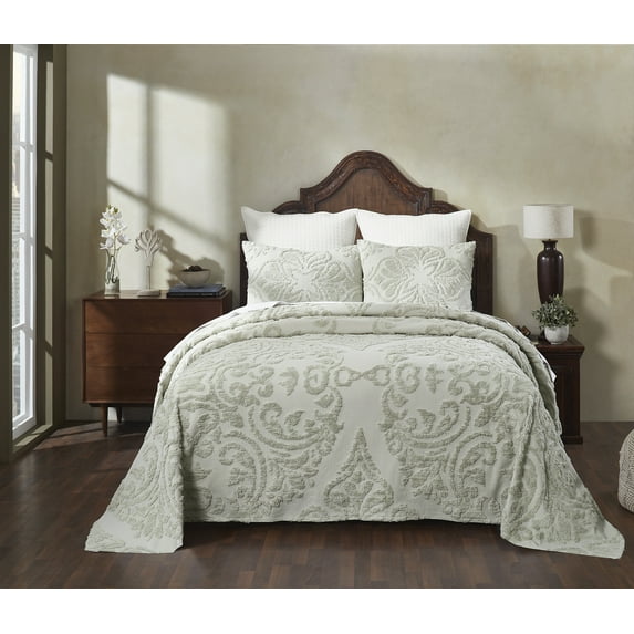 Better Trends 3 Piece Queen Bedspread Set 100% Cotton Tufted Floral Vineyard Pattern Soft & Luxurious Feel, Machine Washable (Sage) Rylee Collection
