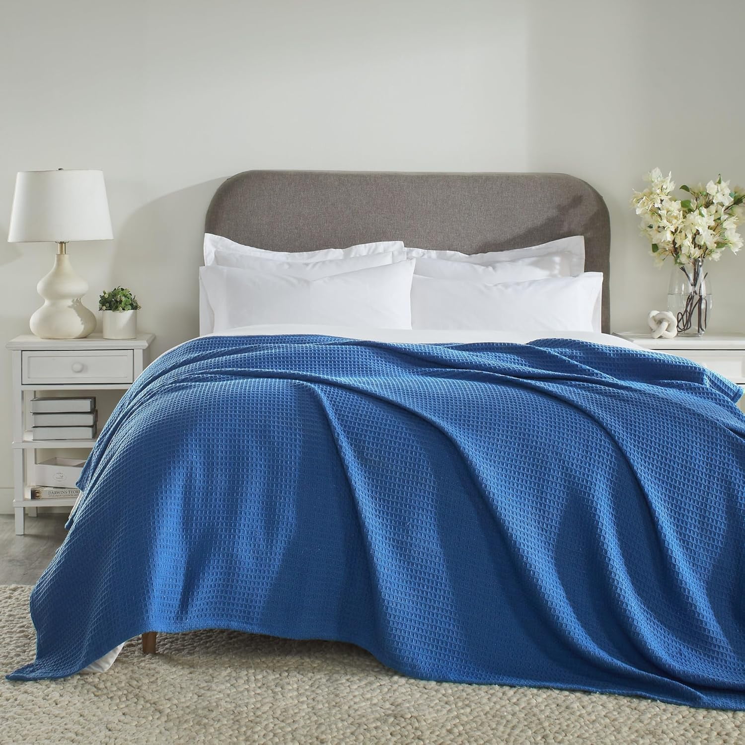 Better Trends All Season King Size Blanket 100% Cotton Waffle Weave Blanket for Couch Lightweight & Breathable, Soft Blanket (108"x 90") Navy Janiya Collection