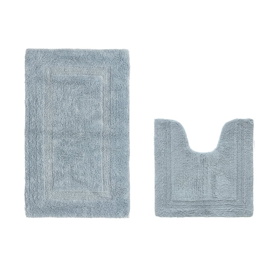 Better Trends Toilet Rug U-Shaped Set of 2 Piece Contour Rug 100% Cotton Bathroom Mat Soft Absorbent Reversible Washable for Decor Tub Shower Bathroom Floor, 20"x20"|21"x34" Blue Lux Collection