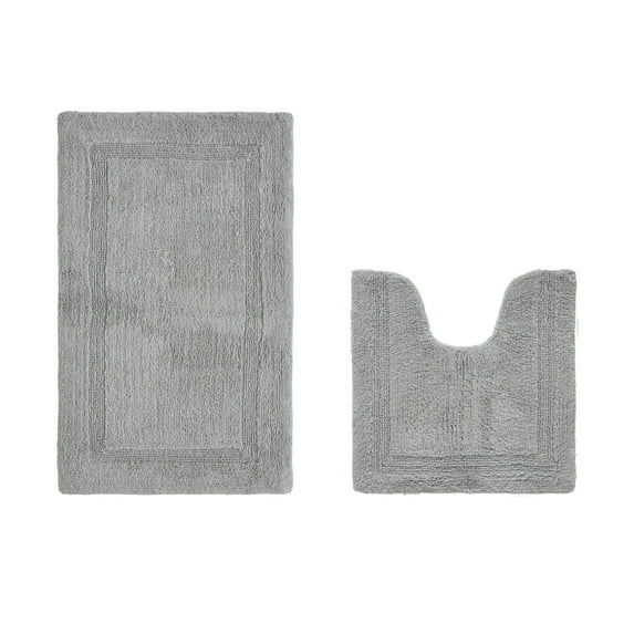 Better Trends Toilet Rug U-Shaped Set of 2 Piece Contour Rug 100% Cotton Bathroom Mat Soft Absorbent Reversible Washable for Decor Tub Shower Bathroom Floor, 20"x20"|21"x34" Silver Lux Collection