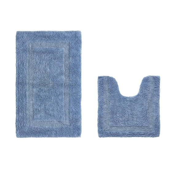 Better Trends Toilet Rug U-Shaped Set of 2 Piece Contour Rug 100% Cotton Bathroom Mat Soft Absorbent Reversible Washable for Decor Tub Shower Bathroom Floor, 20"x20"|21"x34" Dark Blue Lux Collection